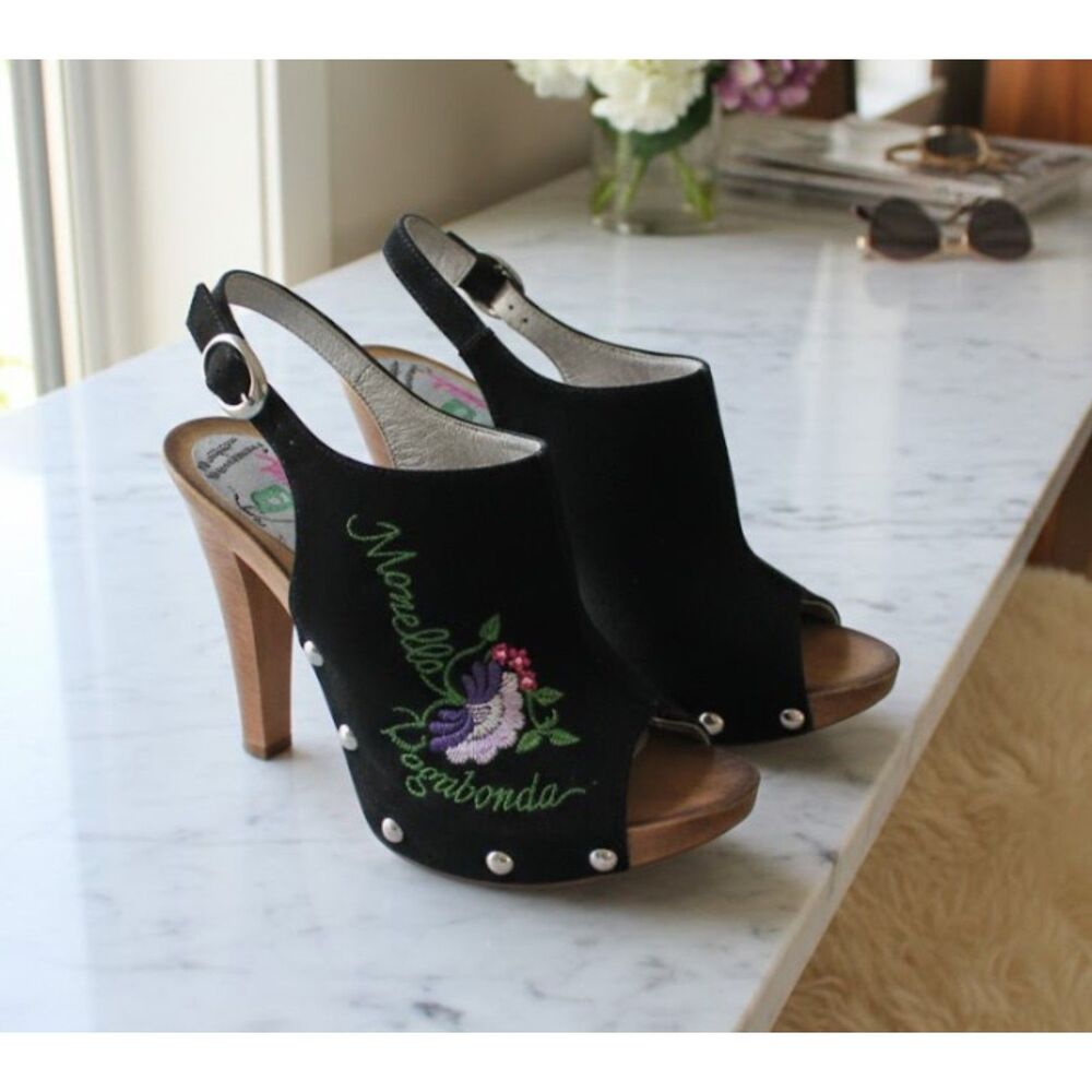 Monella Vagavonda Heels Black Suede Italian Embroidered Sandals Shoes Size 9